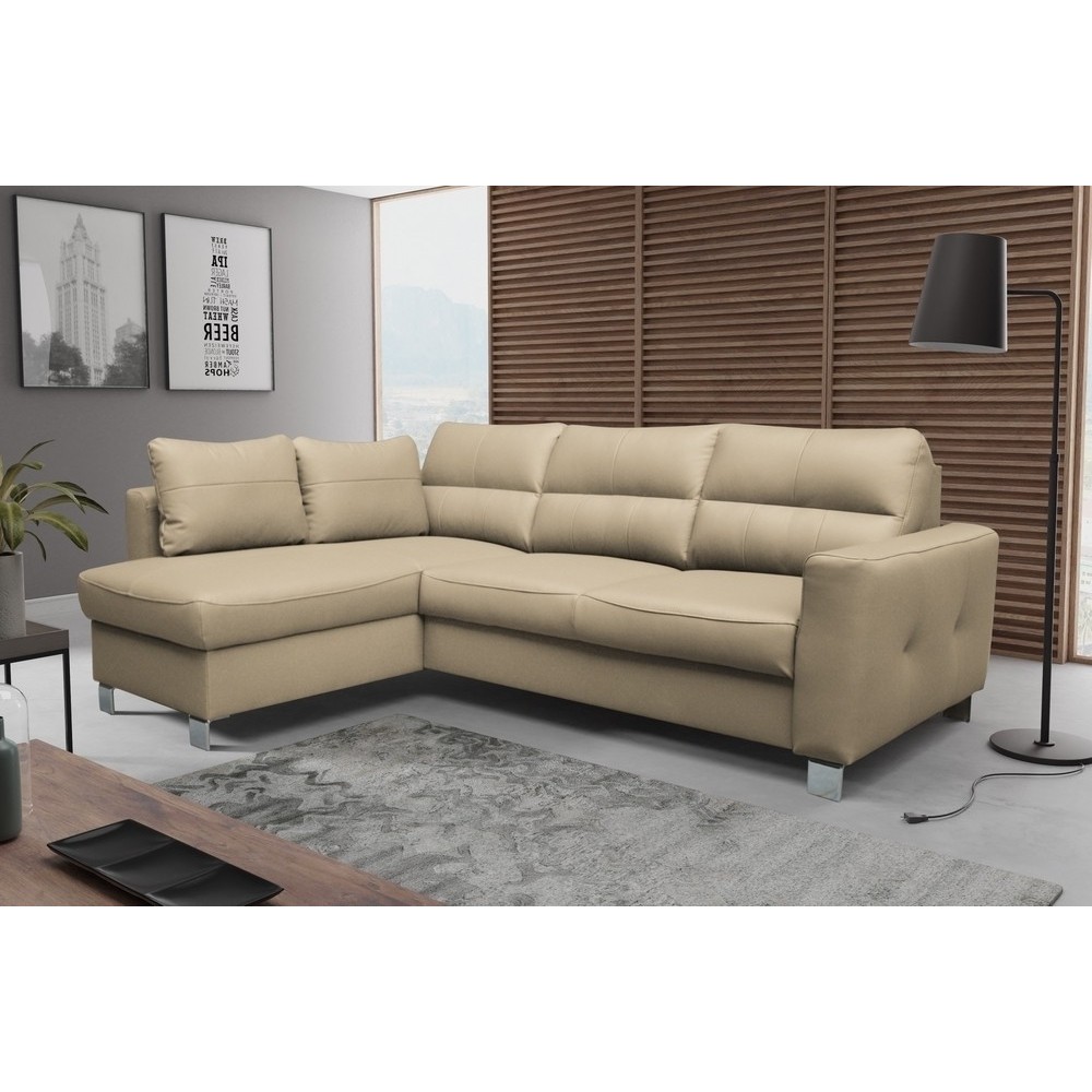 Canapé d'angle convertible en cuir italien de luxe 5 places VENETO, avec coffre, beige, angle gauche (vu de face)