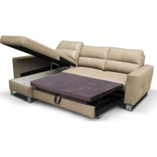 Canapé d'angle convertible en cuir italien de luxe 5 places VENETO, avec coffre, beige, angle gauche (vu de face)