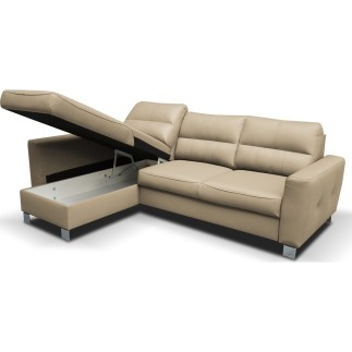Canapé d'angle convertible en cuir italien de luxe 5 places VENETO, avec coffre, beige, angle gauche (vu de face)