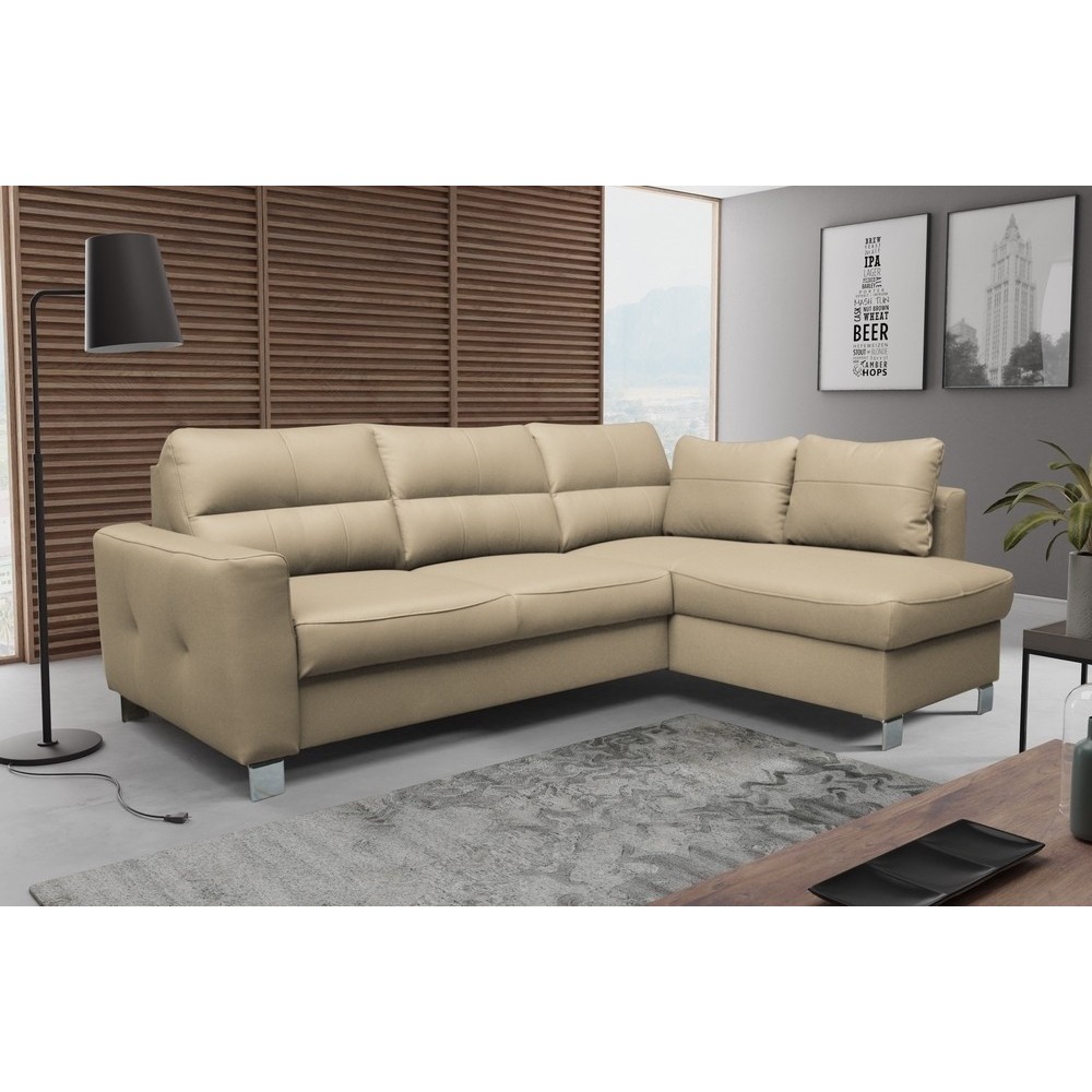 Canapé d'angle convertible en cuir italien de luxe 5 places VENETO, avec coffre, beige, angle droit (vu de face)