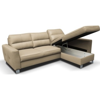 Canapé d'angle convertible en cuir italien de luxe 5 places VENETO, avec coffre, beige, angle droit (vu de face)