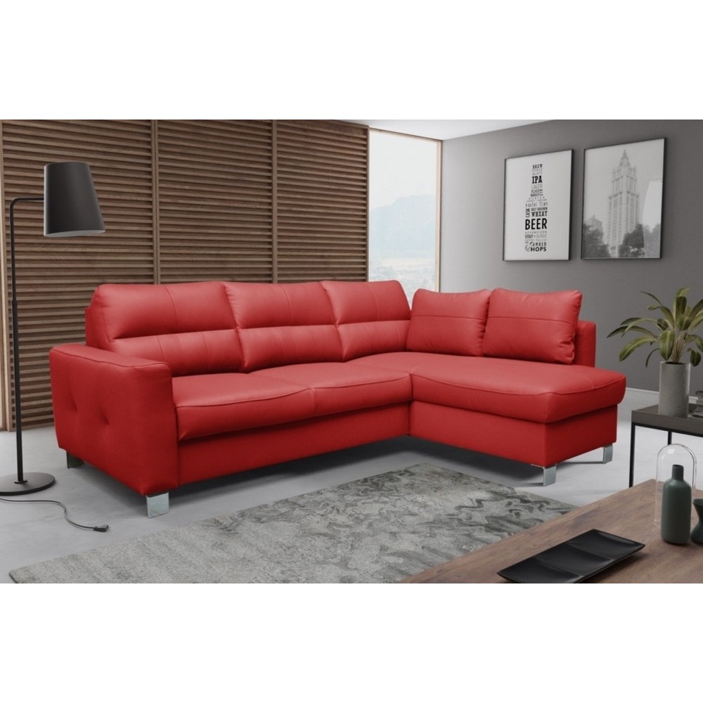 Canapé d'angle convertible en cuir italien de luxe 5 places VENETO, avec coffre, rouge, angle droit (vu de face)
