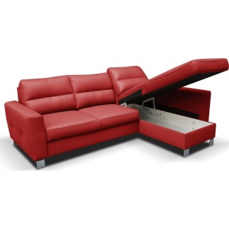 Canapé d'angle convertible en cuir italien de luxe 5 places VENETO, avec coffre, rouge, angle droit (vu de face)