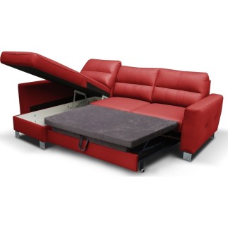 Canapé d'angle convertible en cuir italien de luxe 5 places VENETO, avec coffre, rouge, angle gauche (vu de face)