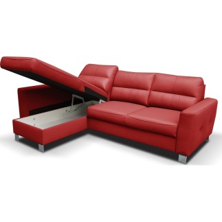 Canapé d'angle convertible en cuir italien de luxe 5 places VENETO, avec coffre, rouge, angle gauche (vu de face)