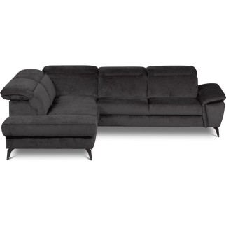 Canapé d'angle avec relax électrique tissu bouclette sensation velours, 5/6 places SINATRA, noir anthracite, angle gauche