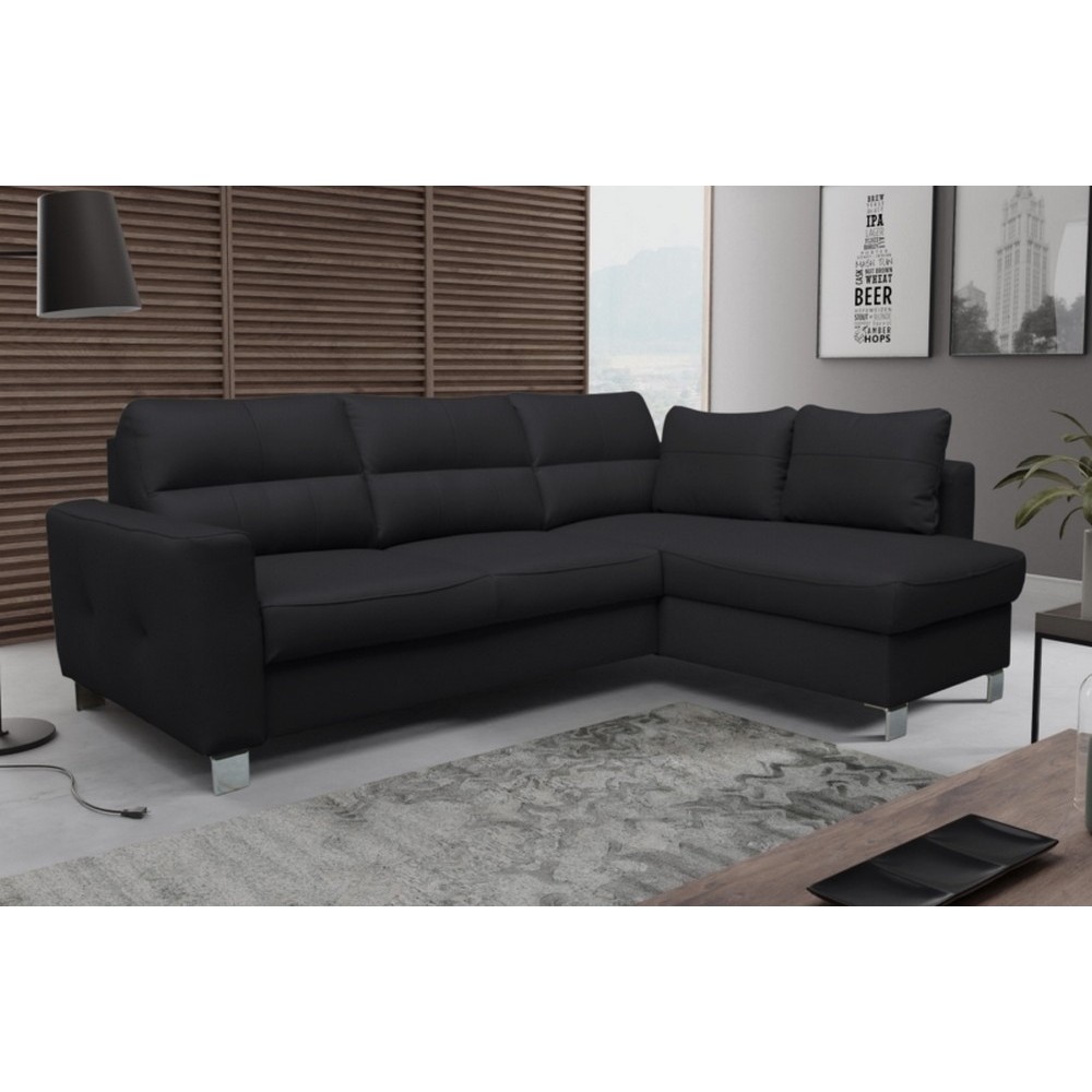 Canapé d'angle convertible en cuir italien de luxe 5 places VENETO, avec coffre, noir, angle droit (vu de face)