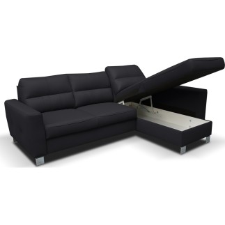 Canapé d'angle convertible en cuir italien de luxe 5 places VENETO, avec coffre, noir, angle droit (vu de face)