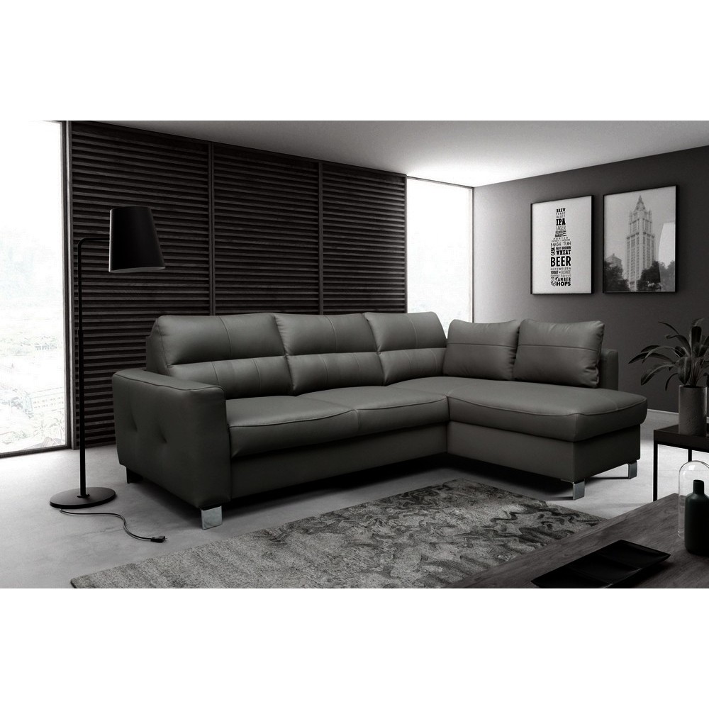 Canapé d'angle convertible en cuir italien de luxe 5 places VENETO, avec coffre, gris foncé, angle droit (vu de face)