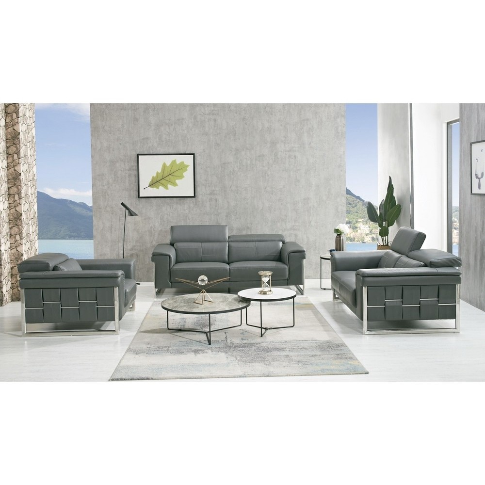 Ensemble Canapé 3 places et 2 places et fauteuil 1 place en cuir italien buffle , BOLZANO, gris foncé