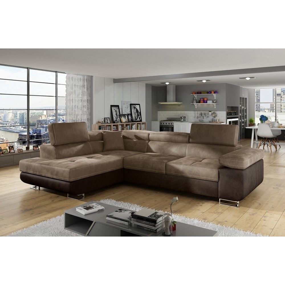 Canapé d'angle convertible en velours luxe 5 places, avec coffre, marron et chocolat, angle gauche (vu de face), ANNECY VELOURS