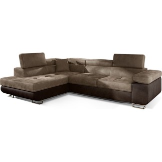 Canapé d'angle convertible en velours luxe 5 places, avec coffre, marron et chocolat, angle gauche (vu de face), ANNECY VELOURS