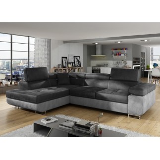 - Canapé d'angle convertible en velours luxe 5 places, avec coffre, gris foncé / gris clair, angle gauche (vu de face), ANNECY V