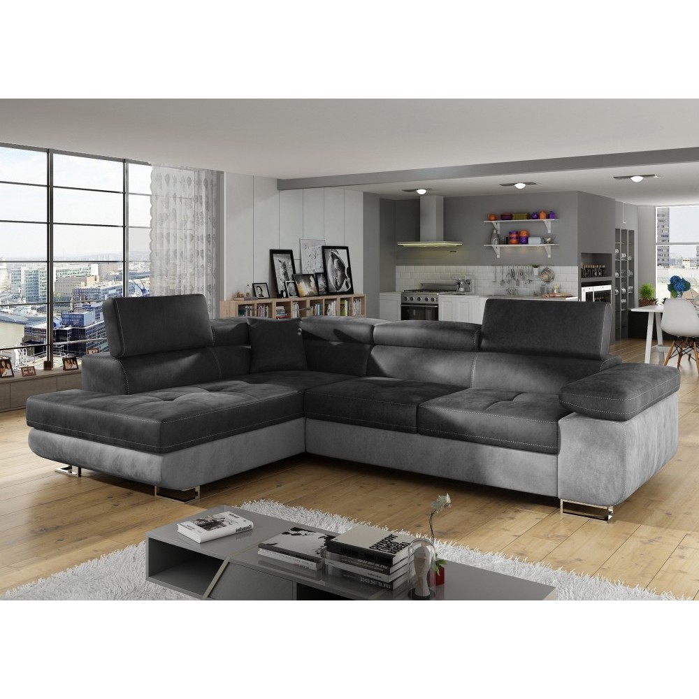 - Canapé d'angle convertible en velours luxe 5 places, avec coffre, gris foncé / gris clair, angle gauche (vu de face), ANNECY V