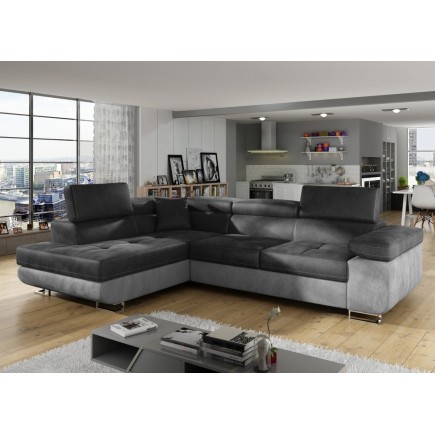 - Canapé d'angle convertible en velours luxe 5 places, avec coffre, gris foncé / gris clair, angle gauche (vu de face), ANNECY V