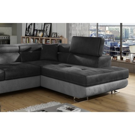 Canapé d'angle convertible en velours luxe 5 places, avec coffre, gris foncé / gris clair, angle droit (vu de face), ANNECY VELO