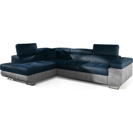 Canapé d'angle convertible en velours luxe 5 places, avec coffre, bleu foncé / gris clair, angle gauche (vu de face), ANNECY VEL