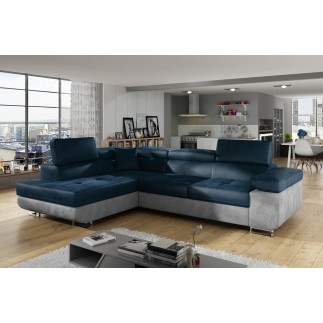 Canapé d'angle convertible en velours luxe 5 places, avec coffre, bleu foncé / gris clair, angle gauche (vu de face), ANNECY VEL