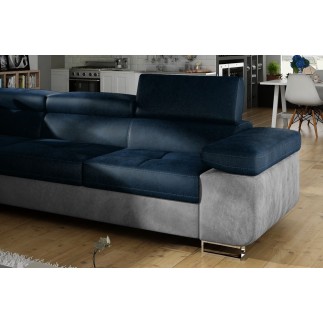 Canapé d'angle convertible en velours luxe 5 places, avec coffre, bleu foncé / gris clair, angle gauche (vu de face), ANNECY VEL