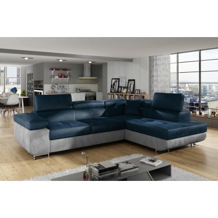 Canapé d'angle convertible en velours luxe 5 places, avec coffre, bleu foncé / gris clair, angle droit (vu de face), ANNECY VELO