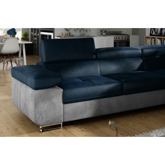 Canapé d'angle convertible en velours luxe 5 places, avec coffre, bleu foncé / gris clair, angle droit (vu de face), ANNECY VELO