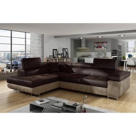 Canapé d'angle convertible en velours luxe 5 places, avec coffre, chocolat / marron, angle gauche (vu de face), ANNECY VELOURS