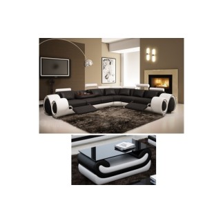 Solde de paiement: Canapé d'angle en cuir italien : 5/6 places petit excelia, noir et blanc, angle droit, Superbe table basse ca