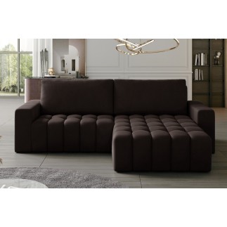 Canapé d'angle convertible en velours luxe 5 places, coffre - chocolat, angle droit (vu de face), BONO