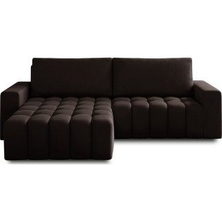 - Canapé d'angle convertible en velours luxe 5 places et coffre, chocolat, angle gauche (vu de face) BONO