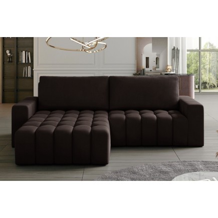 - Canapé d'angle convertible en velours luxe 5 places et coffre, chocolat, angle gauche (vu de face) BONO