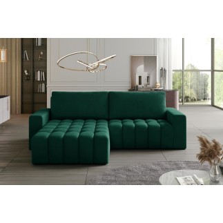 Canapé d'angle convertible en velours luxe 5 places et coffre, vert, angle gauche (vu de face) BONO