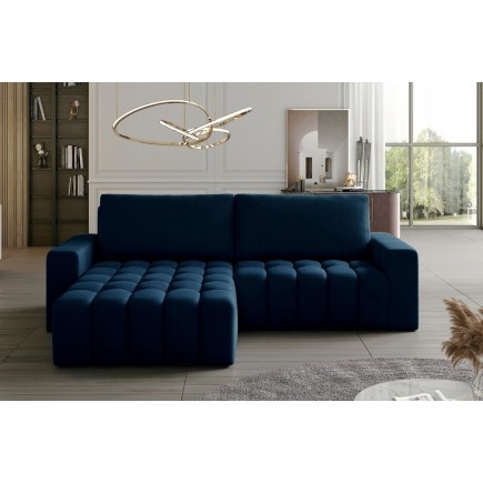 Canapé d'angle convertible en velours luxe 5 places, coffre - bleu foncé, angle gauche (vu de face), BONO