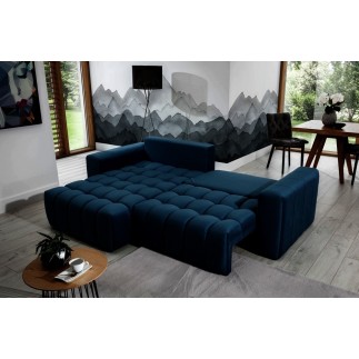 Canapé d'angle convertible en velours luxe 5 places, coffre - bleu foncé, angle gauche (vu de face), BONO