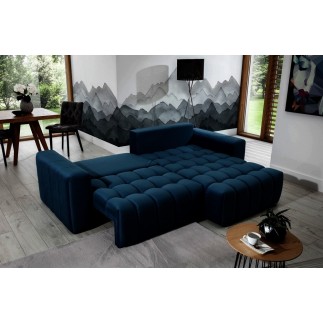 Canapé d'angle convertible en velours luxe 5 places et coffre, bleu foncé, angle droit (vu de face) BONO