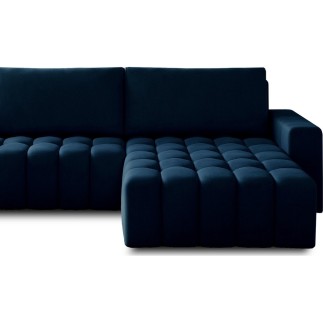 Canapé d'angle convertible en velours luxe 5 places et coffre, bleu foncé, angle droit (vu de face) BONO