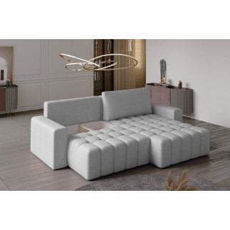 Canapé d'angle convertible en velours luxe 5 places et coffre, bleu foncé, angle droit (vu de face) BONO