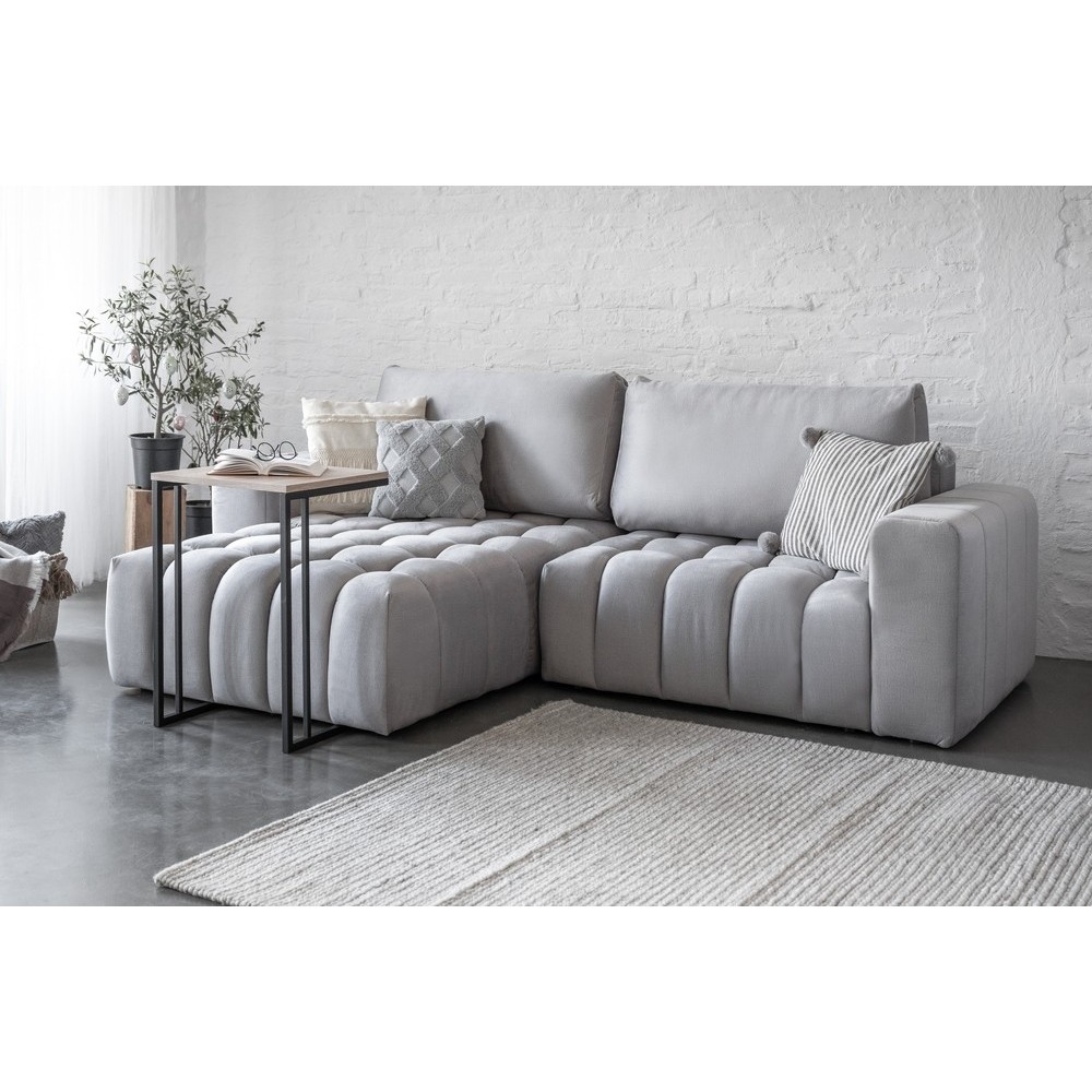 Canapé d'angle convertible en velours luxe 5 places et coffre, gris, angle gauche (vu de face) BONO