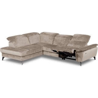 Canapé d'angle avec relax électrique tissu bouclette sensation velours, 5/6 places SINATRA, beige foncé, angle gauche