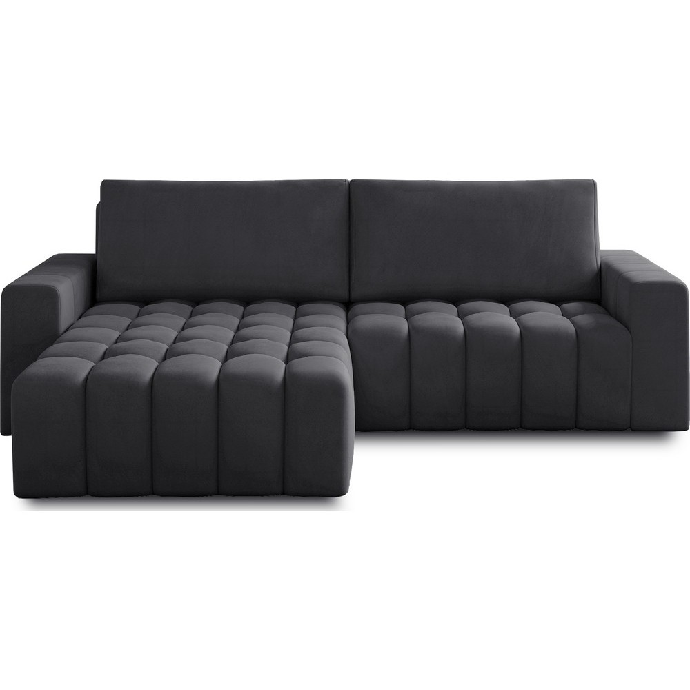 Canapé d'angle convertible en velours luxe 5 places et coffre, gris foncé, angle gauche (vu de face) BONO