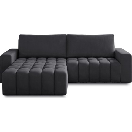 Canapé d'angle convertible en velours luxe 5 places et coffre, gris foncé, angle gauche (vu de face) BONO