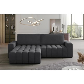 Canapé d'angle convertible en velours luxe 5 places et coffre, gris foncé, angle gauche (vu de face) BONO