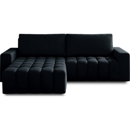 - Canapé d'angle convertible en velours luxe 5 places et coffre, noir, angle gauche (vu de face) BONO