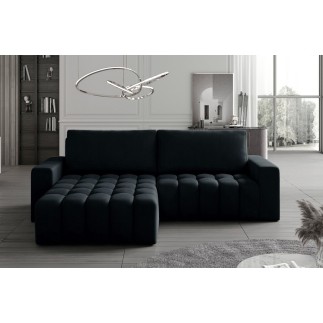 - Canapé d'angle convertible en velours luxe 5 places et coffre, noir, angle gauche (vu de face) BONO