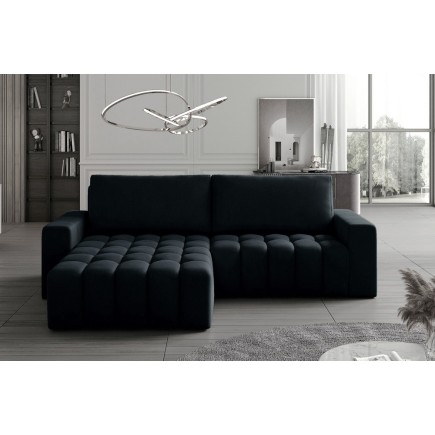 - Canapé d'angle convertible en velours luxe 5 places et coffre, noir, angle gauche (vu de face) BONO