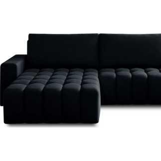 - Canapé d'angle convertible en velours luxe 5 places et coffre, noir, angle gauche (vu de face) BONO