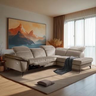 Canapé d'angle avec relax électrique tissu bouclette sensation velours, 5/6 places SINATRA, beige foncé, angle droit