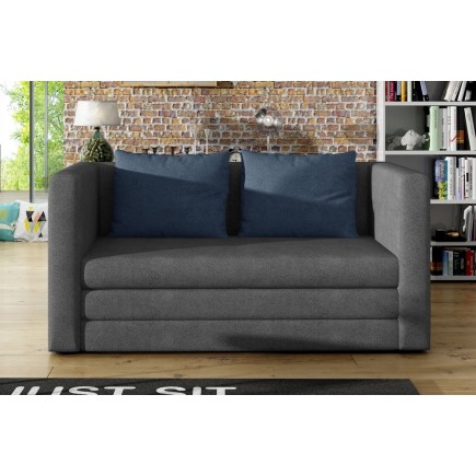 Canapé 2 places convertible - Gris foncé et coussins bleus - en tissu de qualité luxe, NELSON