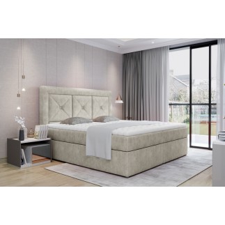 Ensemble boxspring complet tête de lit + sommiers + matelas + surmatelas IDYLLE - tissu luxe beige - 140x200 cm