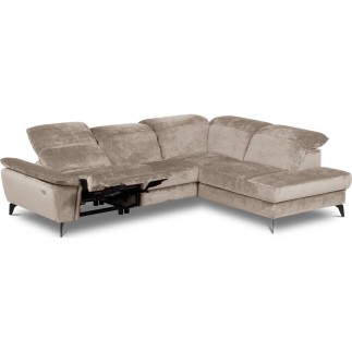 Canapé d'angle avec relax électrique tissu bouclette sensation velours, 5/6 places SINATRA, beige foncé, angle droit