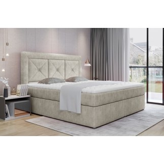 Ensemble boxspring complet tête de lit + sommiers + matelas + surmatelas IDYLLE - tissu luxe beige - 180x200 cm